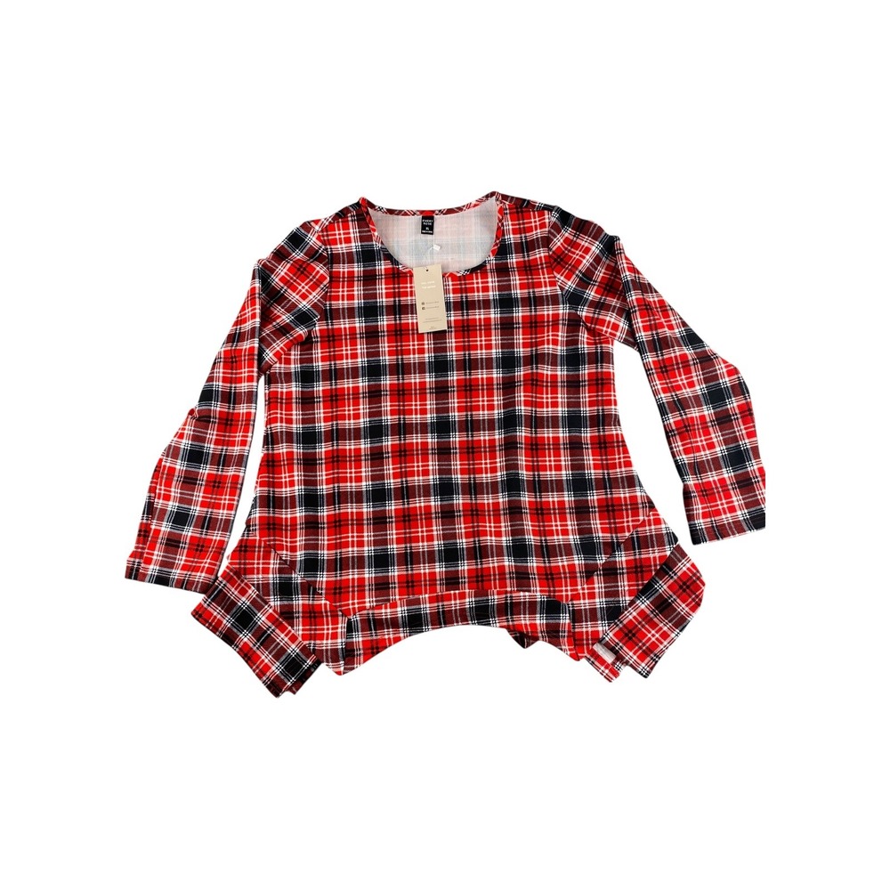 Emery Rose Plaid Tunic Top‎ Women's XL Red Black White Long Sleeve Asymmetrical